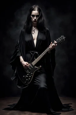 pretty goth girl(dressed in black flowing robes) facing viewer, playing electric rock guitar, leaning back, dark background, photo realism