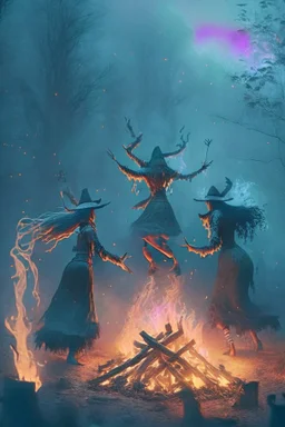 witches dancing around a bonfire, prehistoric forest, trending art, 8k, depth of field, volumetric fog, hi detail, spray paint