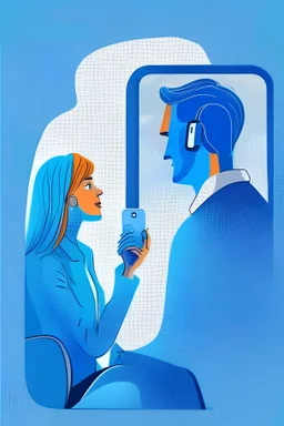 Person talking with his psychologist through phone new chat application, digital illustration cartoon realistic, color full with white backgound (Man and woman) Blue scale