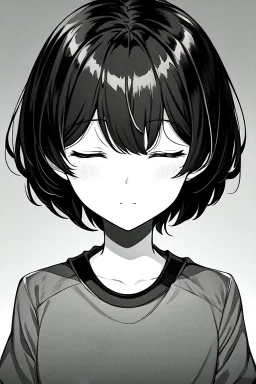 short hair girl, closed eyes, close-up, greyscale