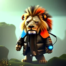 Lion toddler, smile, steampunk headphone, sunglass, gangsta neckless, full body, orange puffer jacket, tokio background, dramatic lighting, hyper realistic, unreal engine 5, 16k