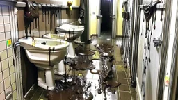 hundreds of feces starts to come out of the clogged toilet of black water and overflows into the hallway where woman is crying