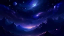 Night sky with visible stars and spiraling galaxies above and mountains on the ground a high fantasy vibe, purpleish hue