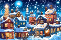 Generate a cozy winter wonderland scene with cartoon houses adorned with twinkling Christmas lights and snow-covered rooftops. Include a jolly Santa Claus flying by in his sleigh pulled by reindeer, with snow falling softly from the sky.