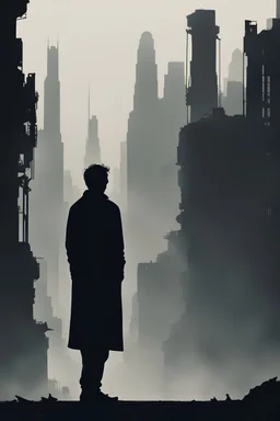 I'd like an old man's silhouette with his back turned looking at a dystopian city, evoking feelings of loneliness