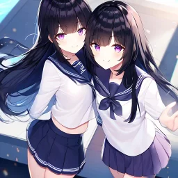 Clear focus, High resolution, Long fluffy black hair, Purple eyes, Wearing a sailor uniform, must be wearing a short skirt