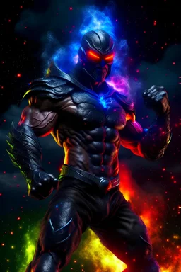 fire, lightning, wind, rain, volcanic lava, fireworks, explosions, multicolored neon lights, outer space background -- an extremely muscular man wearing a black, bandit eye mask, a black, skintight, formfitting cowl, a black, skintight, formfitting kevlar bodysuit, black gloves, silver wrist gauntlets, silver belt, silver knee-high boots, silver lightning emblem on the chest, with cobalt blue eyes, a mustache and goatee,