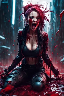 beautiful cyberpunk girl, screaming, tears, siting pose, fullbody, splashes blood, behind guts rising from the ground, intricate, darkred tones, macro photography,