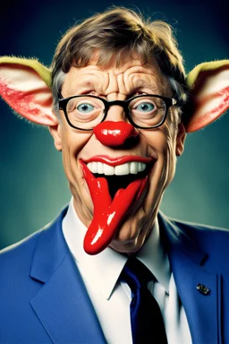 Bill Gates with a gremlin cow with big lipstick mouth, big lips
