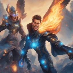 A 25 years boy persian in matte black robes with flaming eyes with grin with flaming light blue pupils stands atop a squire Two infinity gauntlets contain six infinity stones, one of which is made with nano In the hands of a powerful man walking While standing on a majestic height from afar With two big wings