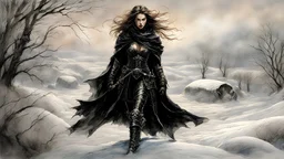 Hyper-photorealistic watercolor art style by Luis Royo , a warrior woman in black armor on the background of a cold snow-covered country, ice and crystal, frost and snow, hyperdetailed face, full body diagonal shot, encounters male bandits in dark fantasy countryside setting, absence of mysterious elements, dramatic lighting, ultrafine detail, octane rendering., darkness world