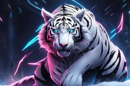 Cyber Machine venom in 8k anime realistic drawing style, white tiger them, neon effect, close picture, snow, black wings, apocalypse, intricate details, highly detailed, high details, detailed portrait, masterpiece,ultra detailed, ultra quality