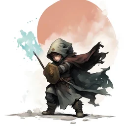 Order Domain Cleric, hooded halfling, thematic tone wash, characteristic graphic style, grit fantasy, darkest dungeons and dragons art, inkblots, pastel color palette, screen tones, shield in front