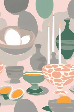 the painting has an olive with eggs, bowls and a candle, in the style of light pink and gray, light orange and emerald, 20th century art, sketchfab, painting and writing tools, pictorial space, chicano art