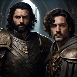 Gay couple, Oscar Isaac druid and Paul Rudd paladin, Dungeon and Dragon style, fantasy, concept art, dynamic lighting, hyperdetailed, intricately detailed, trending on Artstation, volumetric lighting