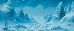 A cyan winter tundra with falling snowflakes designed in Japanese Oni masks painted by Caspar David Friedrich