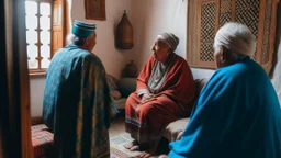 Two fifty-year-old people in traditional Moroccan clothing are discussing in the room of a Moroccan house, with only their backs visible