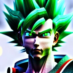 Son-goku with white hair in a green field, cyberpunk close-up, unreal engine