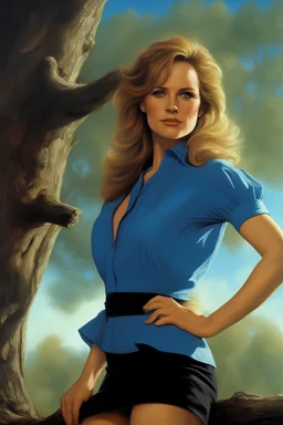 3D Portrait of Lea Thompson, long-sleeved blue blouse, black miniskirt, leaning her face against a tree, perfect body, perfect face, perfect eyes, dark hair, glamorous, gorgeous, delicate, romantic, realistic, romanticism, blue tones, Boris Vallejo - daylight Background - blue skies, sunlight - dark, wood panel wall in the background - fire, fog, mist, smoke
