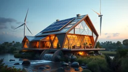 2031. Innovative environmentally-friendly home, solar panels, water wheel in river, alternative energy, wind turbine, scientific experiment, home of the future, amazing geometric architecture, fantasy, robotic, magic, automated, spectacular, futuristic, practical, beautiful lighting, attractive composition, photorealistic, extremely detailed, chiaroscuro