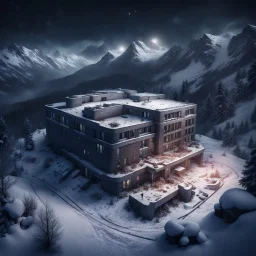 Hyper Realistic areal view of an dark abandoned hospital on the top of a mountain at heavy snowfall night