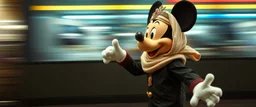 hi speed mickey mouse as a muslim cross dresser with motion blurred background