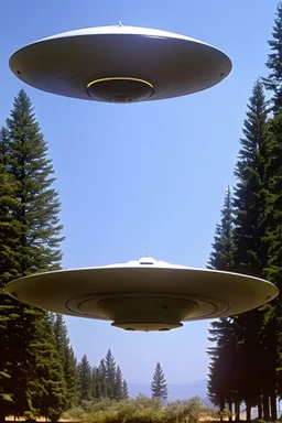 a group of [school kids] see [one] saucer shaped ufo flying over tall pine trees, year is 1966 in color, concept art, by Asaf Hanuka, by Weta Digital, Electric Colors, Screen Space Global Illumination, in a symbolic and meaningful style