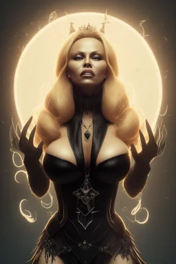 Pamela Anderson as evil queen in black leather, leather, busty, cleavage, angry, stern look. character design by cory loftis, fenghua zhong, ryohei hase, ismail inceoglu and ruan jia. unreal engine 5, artistic lighting, highly detailed, photorealistic, fantasy