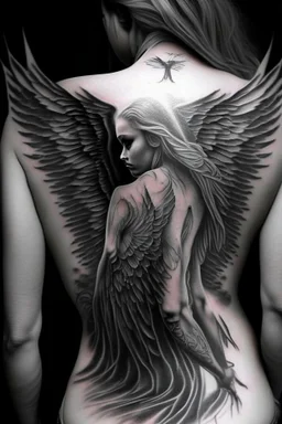 woman angel from back ultra realistic tattoo design