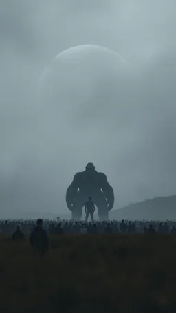 A field of random people at the end of the picture gray background an giant dark shadow of King Kong like human figure standing in under blurry gray planet cinematic, 8k