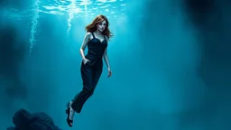 Full body Illustration of a woman, young, 18 years old, beautiful, wearing a black jumpsuit, sneaking into a giant aquarium, dark blue water, watercolors, gloomy and depressing ambient, artwork by tom björklund