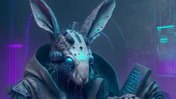 portrait of a cyber punk rabbit hacker humanoid