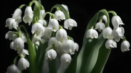 lily of the valley, close up, black background, side lighting, realistic