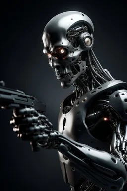 a scary cyborg with a gun searching for humans looking right and is far away