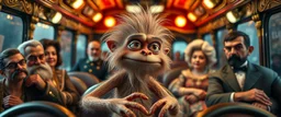 fascist dynasty soap opera, entire cast, photo shoot, posing, movie poster, with posters in it, close up portrait of hairy fluffy polymer clay cute female happy worried monster with realistic human colored and textured skin, and long sleek limbs and with studio lights, on a luxury ornate neon buss, talking to his aunt