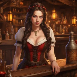 A looking young woman with pale skin and long brown hair in a fantasy tavern setting with intricate details. She is smirking, a tavern wench bartending, has intense red eyes, intimidating presence. High definition.