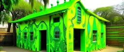 A lime green cybernetic workshop designed in Indian Gond art painted by Zhang Lu