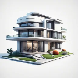 3D modern futuristic house in cartoon Pixar style on white background, png, high resolution, highly detailed texture. By drone