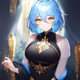 Clear focus, High resolution, short light blue fluffy hair, hair between eyes, yellow eyes, wearing black magma shorts, detailed outfit, blue and black outfit, gold accessory, female