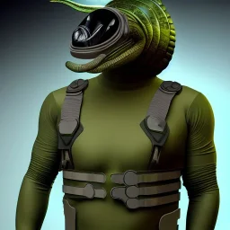 Alien, snake, metaljellyfishsombrero, vest, hands, holding gun, holster, steel military boots, squishy, chest plate, oxygen mask, bulbus nos snout, reptile pupil, blasterrifle, jacked, sail, body suit, leg gauntlets