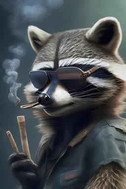 realistic racoon wearing aviators and smoking a cigar