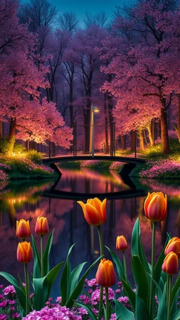 A bridge on a lake with orange tulip growing in pastel colored rose forest, trees, flowers, fairy lights, night, 8k, high quality, trending art, trending on artstation, sharp focus, studio photo, intricate details, highly detailed, by greg rutkowski