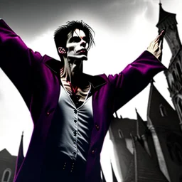 a vampire with arms outstretched viewed from the side photorealistic