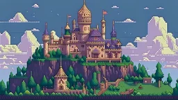 There is a large pixelart magic castle on the hill pixelart
