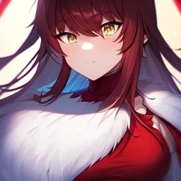 Clear focus,8k,Beatiful Lighting,Beatiful Blur,Beatiful Face,Beatiful Shading,Amber long hair,fluffy hair, long fluffy bangs, Cyan eyes, wearing a red ninja outfit for girls, Extreme Close Up