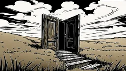broken wooden door, anime, monochrome, black background, ink, simple, maximum quality, broken hinge, barely functioning, centered on frame, far view, in the middle of a grassy hill, white sky with cumulonimbus