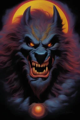 in the dead of night the bright moon shines down on a giant, extremely colorful werewolf facial portrait, acrylic on canvas, in the art style of Boris Vallejo,