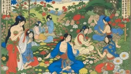 An illustration by Kuniyoshi and Manet of of individuals practicing yoga surrounded by blooming flowers and lush vegetation.