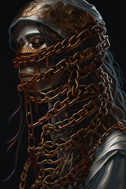 nightmares paint style Title: "a woman wearing a clothsiron chains , had mask on her mouth , insanely detailed octane render trending on artstation,white background , 8k artistic photography, photorealistic concept art, soft natural volumetric cinematic perfect light, chiaroscuro, award-winning photograph, masterpiece, oil on canvas, Raphael, Caravaggio, Greg Rutkowski, people, beksinski, Giger