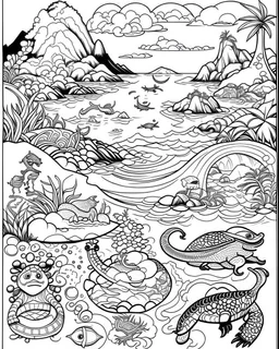 coloring pages for kids, Pacific island shaped Japanese ink painting, muted colors, including Dark black highlights to draw attention , rice paper texture, splashed paint, tropical beach, paradise, sea turtles, yellow sun, a Polynesian warrior , Art drawing ; ink , super detailed, text a the bottom “Tonga”, anime cartoon style, thick lines, low detail, black and white, no shading, --ar 85:110